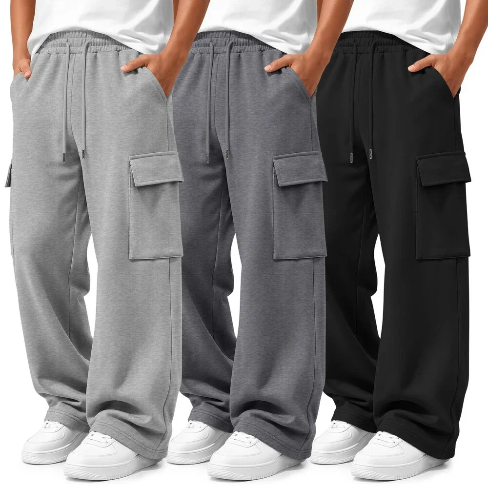 LessonZoo Boys' Gray Dark 3 Pack Cargo Sweatpants Drawstring Elastic Waist M